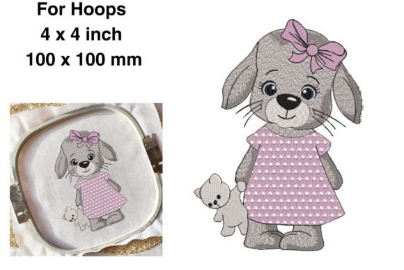 Baby Bunny Girl with Toy Cat: A Charming Embroidery Design for Personalized Gifts